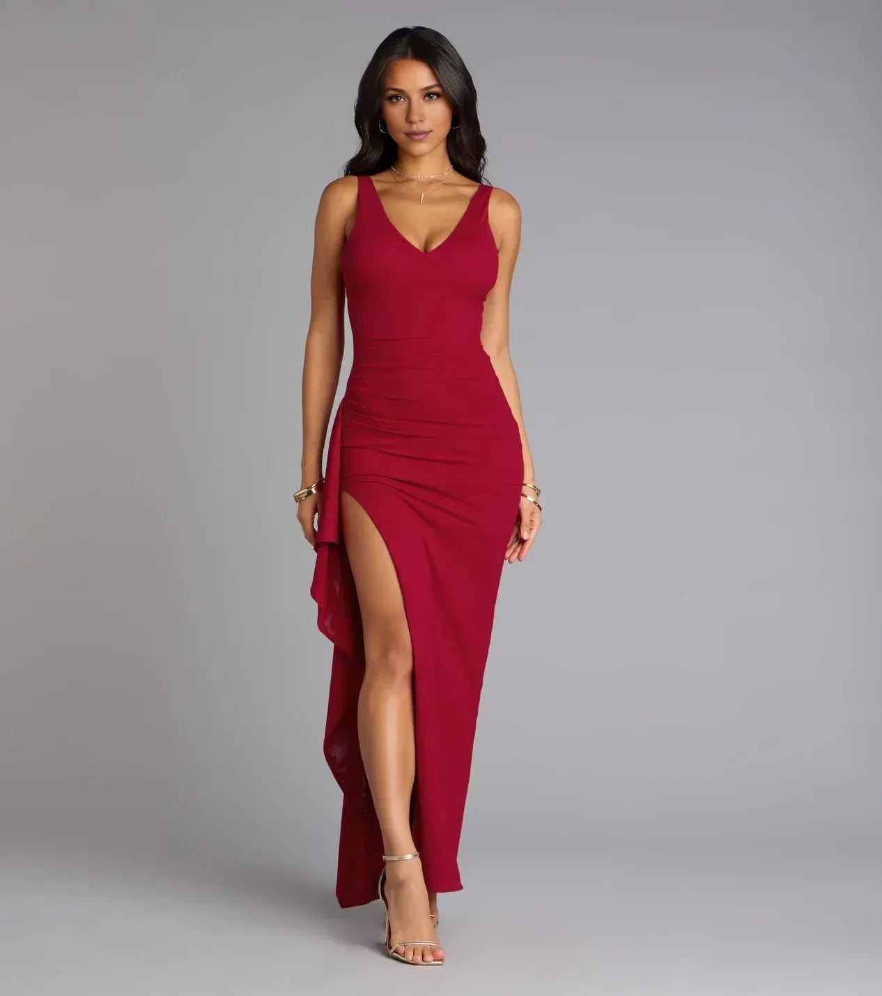 Stunning Trumpet V Neck Sleeveless Zipper Back Floor Length Prom Dress