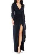 Stunning Wrap V Neck Long Sleeve Ruched Back Floor Length Evening Dress