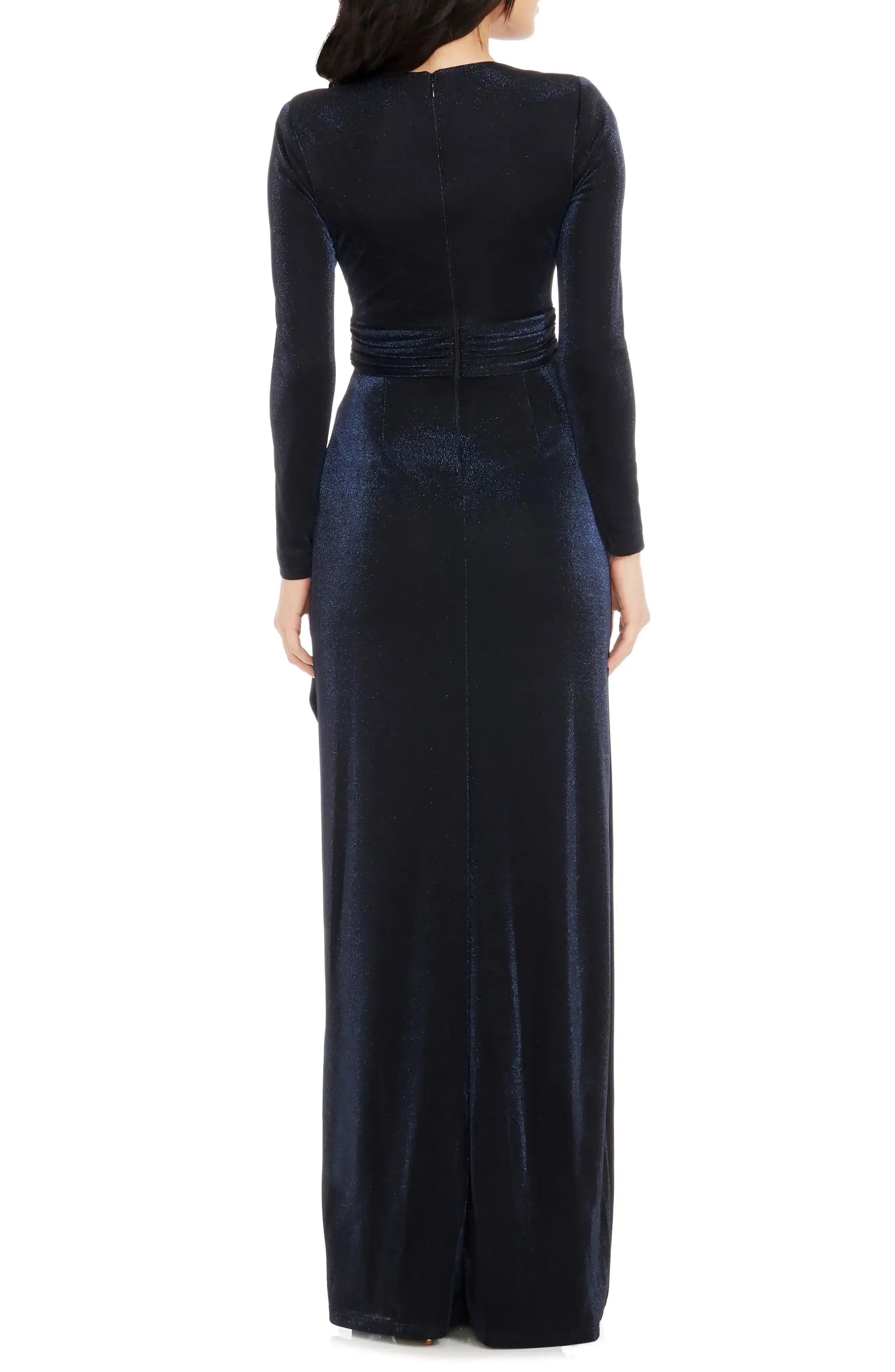 Stunning Wrap V Neck Long Sleeve Ruched Back Floor Length Evening Dress