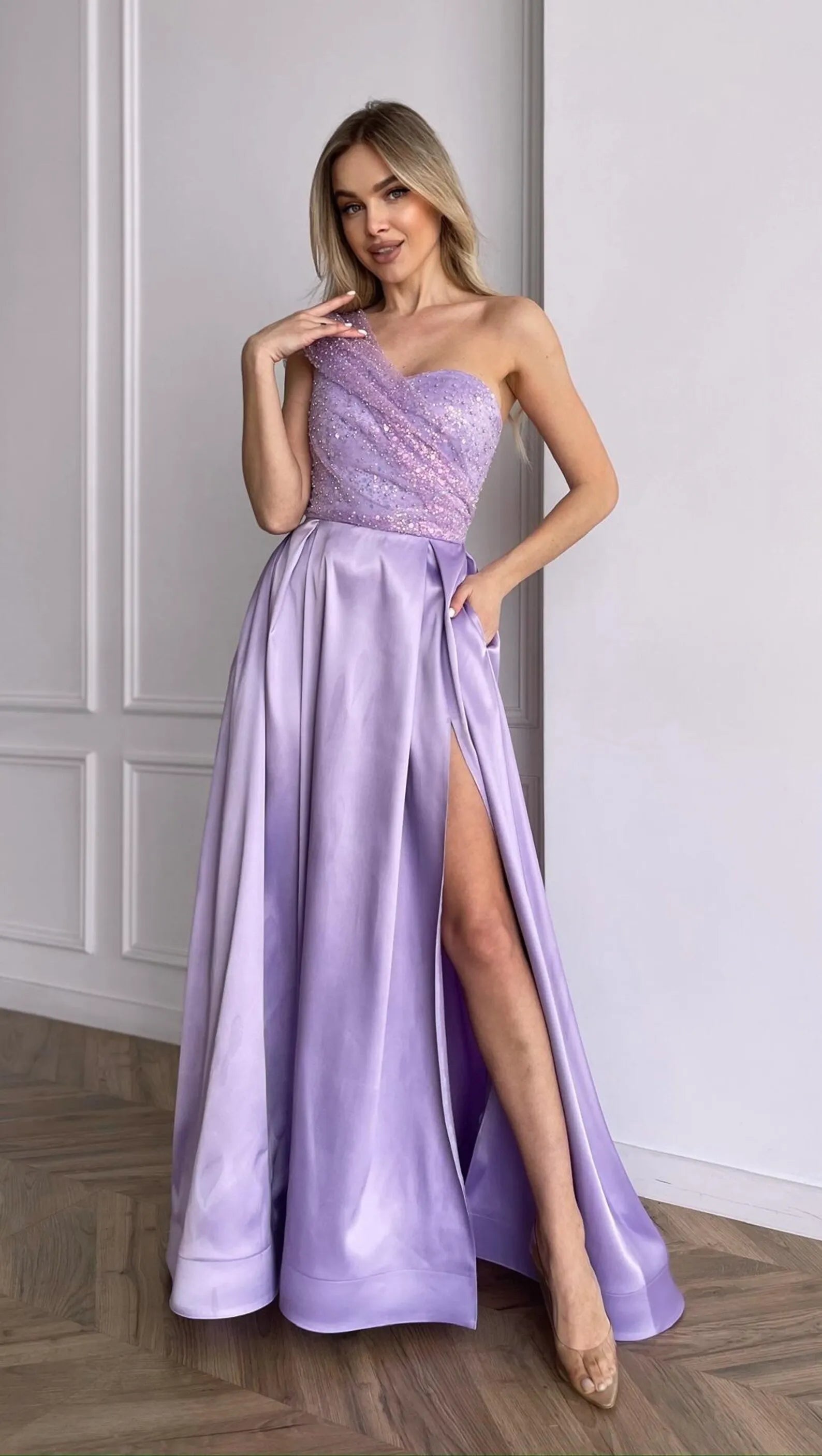 Lavender A-Line One-Shoulder Beaded Long Prom Dress With Pockets
