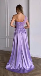 Lavender A-Line One-Shoulder Beaded Long Prom Dress With Pockets