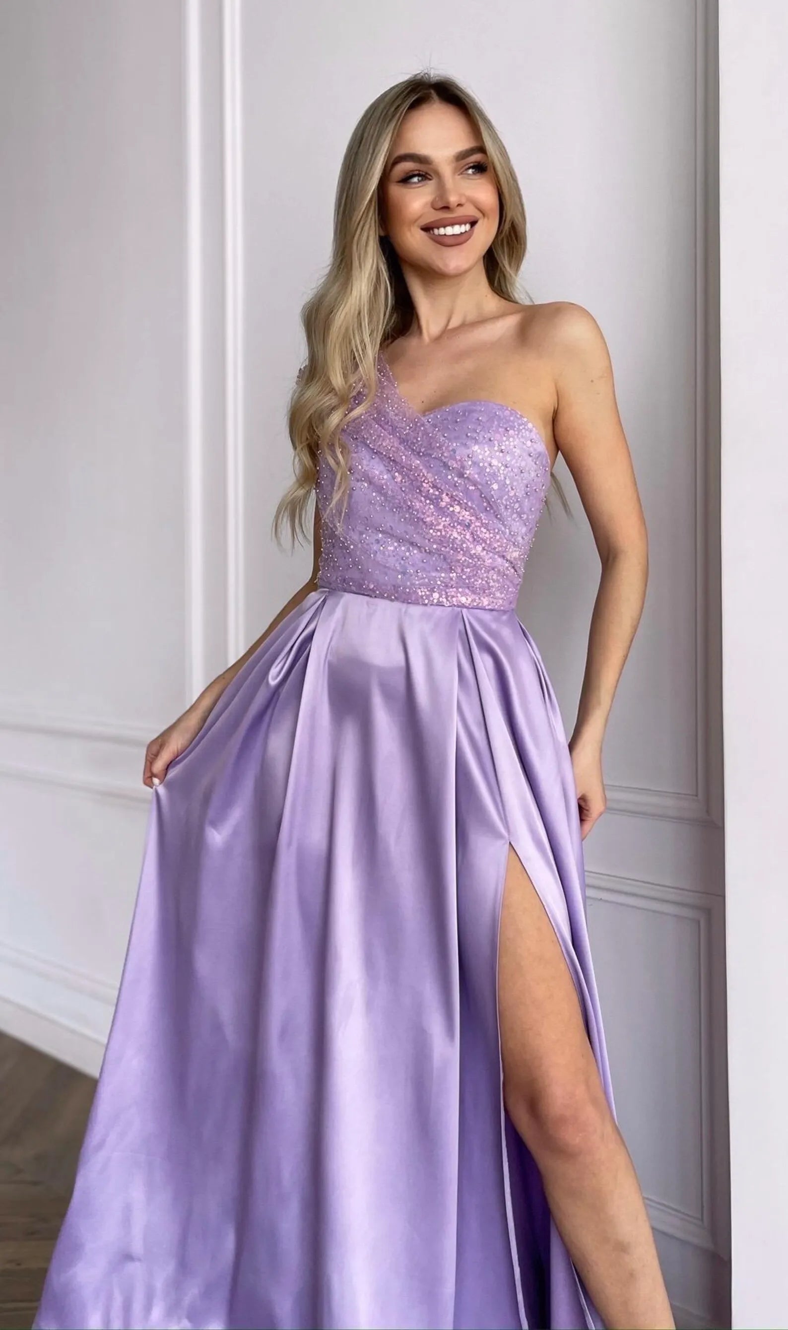 Lavender A-Line One-Shoulder Beaded Long Prom Dress With Pockets