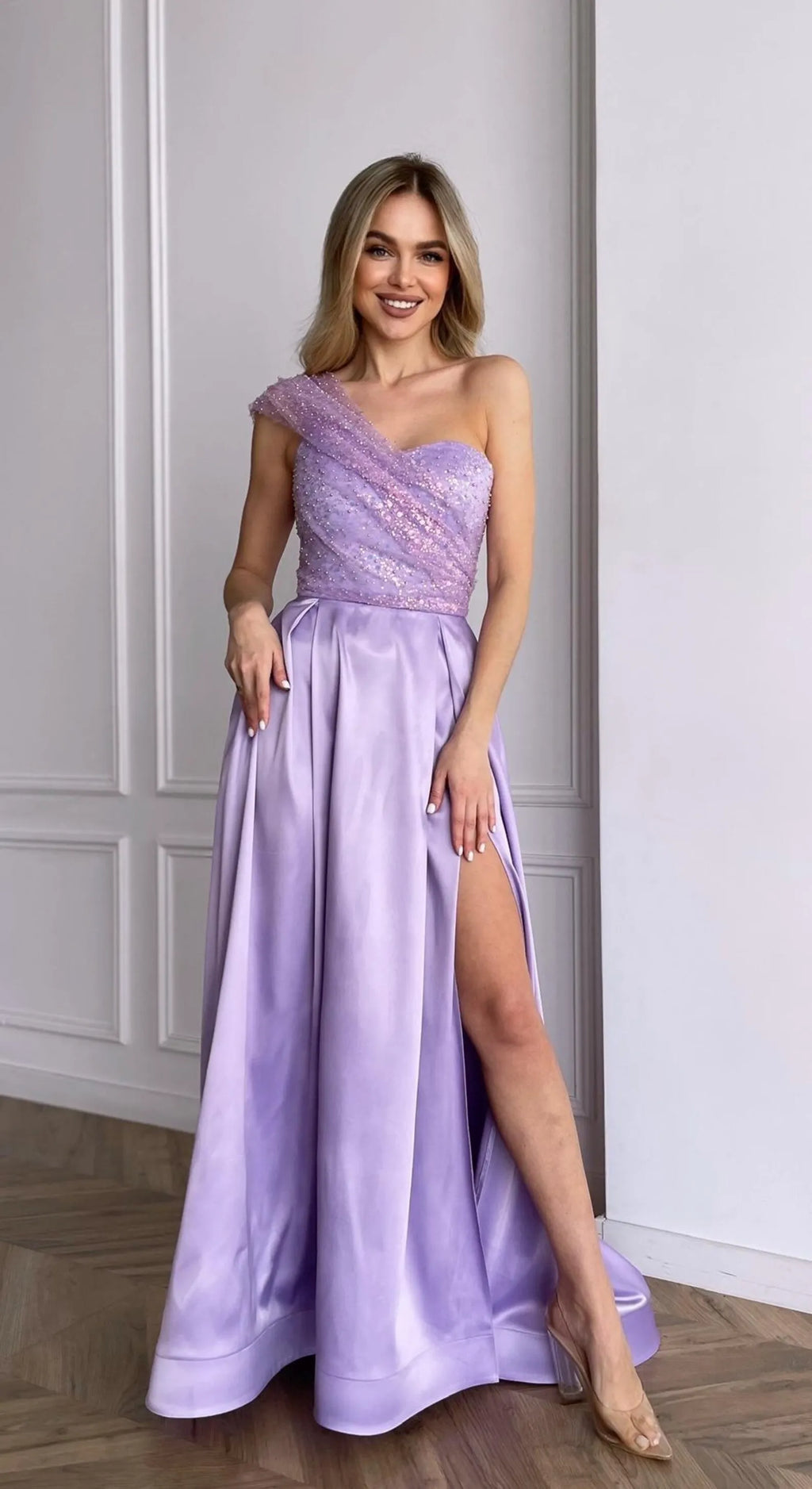 Lavender A-Line One-Shoulder Beaded Long Prom Dress With Pockets