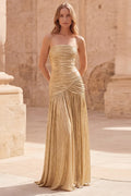 Glamorous Metallic Gold A Line Strapless Prom Dress For Women With Ruched Bodice And Flowy Maxi Skirt