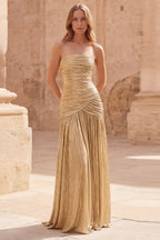 Glamorous Metallic Gold A Line Strapless Prom Dress For Women With Ruched Bodice And Flowy Maxi Skirt