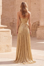 Glamorous Metallic Gold A Line Strapless Prom Dress For Women With Ruched Bodice And Flowy Maxi Skirt