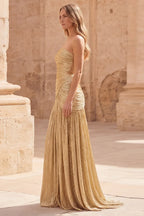 Glamorous Metallic Gold A Line Strapless Prom Dress For Women With Ruched Bodice And Flowy Maxi Skirt