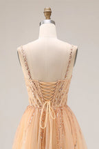 Stunning A-Line Sweetheart Sequin Tulle Champagne Prom Dress For Ladies