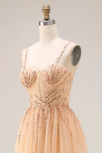 Stunning A-Line Sweetheart Sequin Tulle Champagne Prom Dress For Ladies