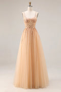 Stunning A-Line Sweetheart Sequin Tulle Champagne Prom Dress For Ladies
