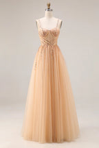 Stunning A-Line Sweetheart Sequin Tulle Champagne Prom Dress For Ladies