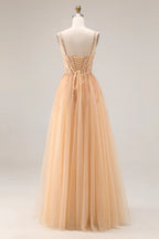 Stunning A-Line Sweetheart Sequin Tulle Champagne Prom Dress For Ladies