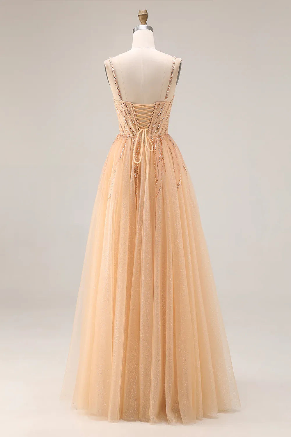 Stunning A-Line Sweetheart Sequin Tulle Champagne Prom Dress For Ladies