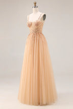 Stunning A-Line Sweetheart Sequin Tulle Champagne Prom Dress For Ladies