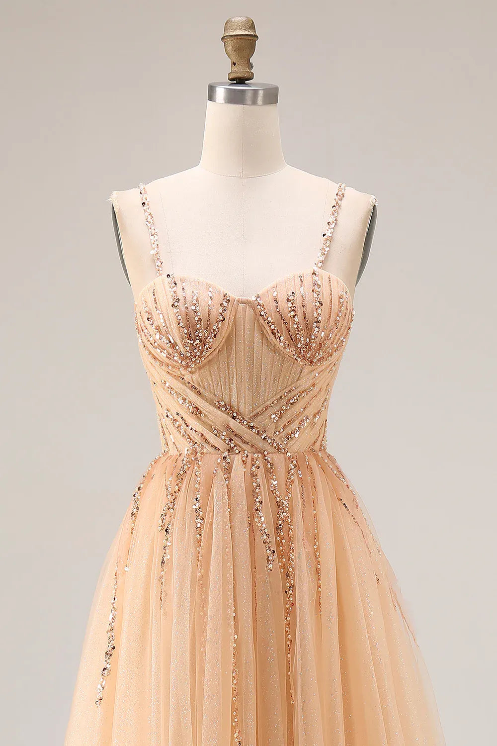 Stunning A-Line Sweetheart Sequin Tulle Champagne Prom Dress For Ladies