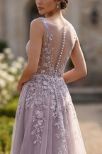 Prom Dress Stunning Lavender Maxi A Line With V Neck Lace Applique Sheer Corset Bodice For Women