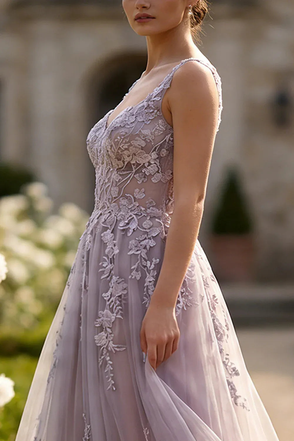 Prom Dress Stunning Lavender Maxi A Line With V Neck Lace Applique Sheer Corset Bodice For Women