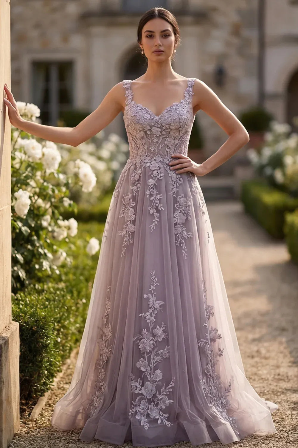 Prom Dress Stunning Lavender Maxi A Line With V Neck Lace Applique Sheer Corset Bodice For Women