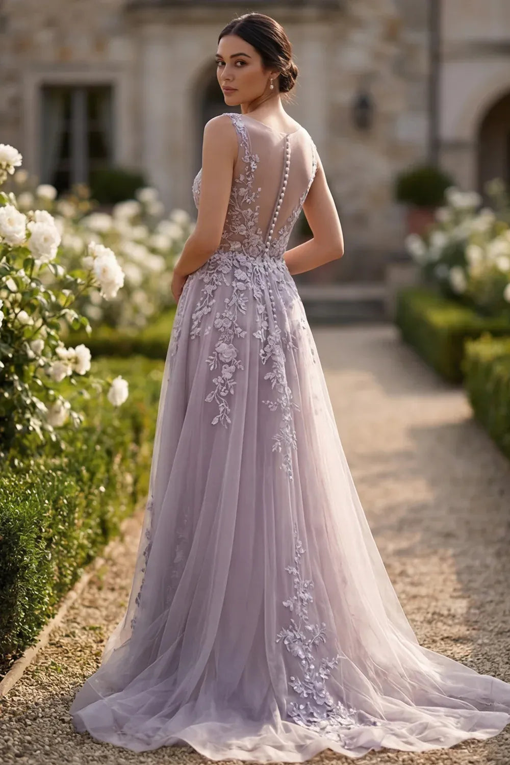 Prom Dress Stunning Lavender Maxi A Line With V Neck Lace Applique Sheer Corset Bodice For Women