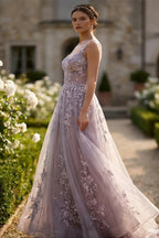 Prom Dress Stunning Lavender Maxi A Line With V Neck Lace Applique Sheer Corset Bodice For Women