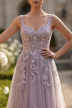 Prom Dress Stunning Lavender Maxi A Line With V Neck Lace Applique Sheer Corset Bodice For Women
