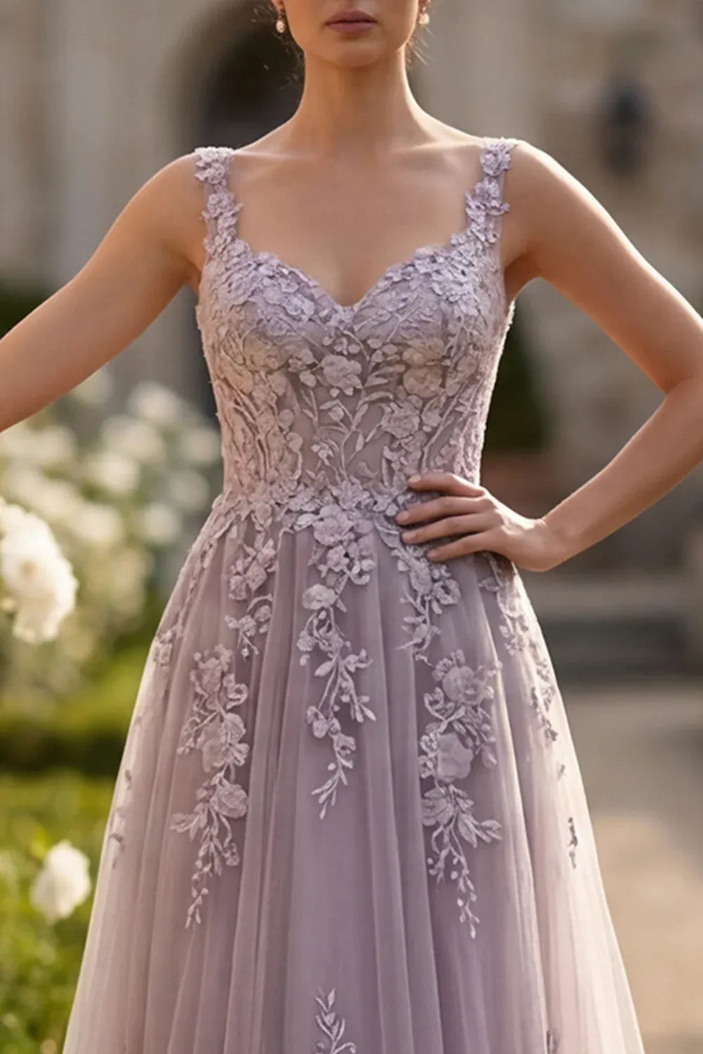 Prom Dress Stunning Lavender Maxi A Line With V Neck Lace Applique Sheer Corset Bodice For Women