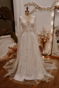 Prom Dress Celestial Moon Star Print A Line V Neck With Sheer Sleeves And Train White For Prom Night