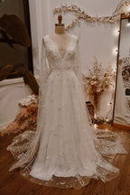 Prom Dress Celestial Moon Star Print A Line V Neck With Sheer Sleeves And Train White For Prom Night