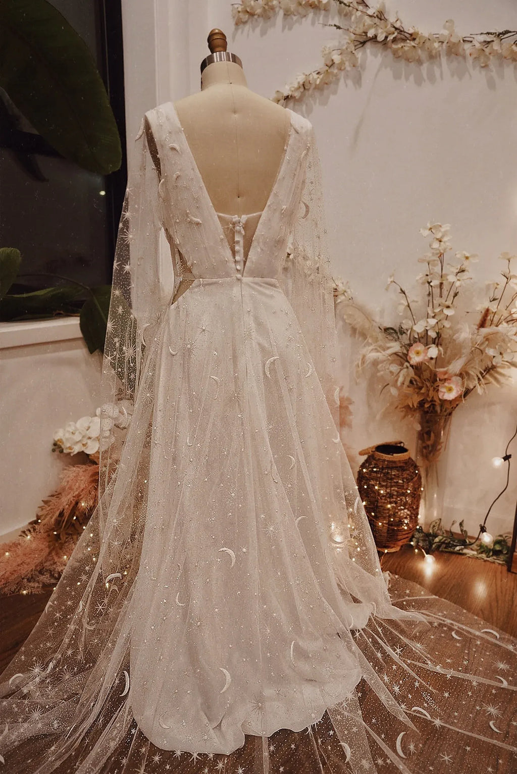 Prom Dress Celestial Moon Star Print A Line V Neck With Sheer Sleeves And Train White For Prom Night