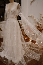 Prom Dress Celestial Moon Star Print A Line V Neck With Sheer Sleeves And Train White For Prom Night