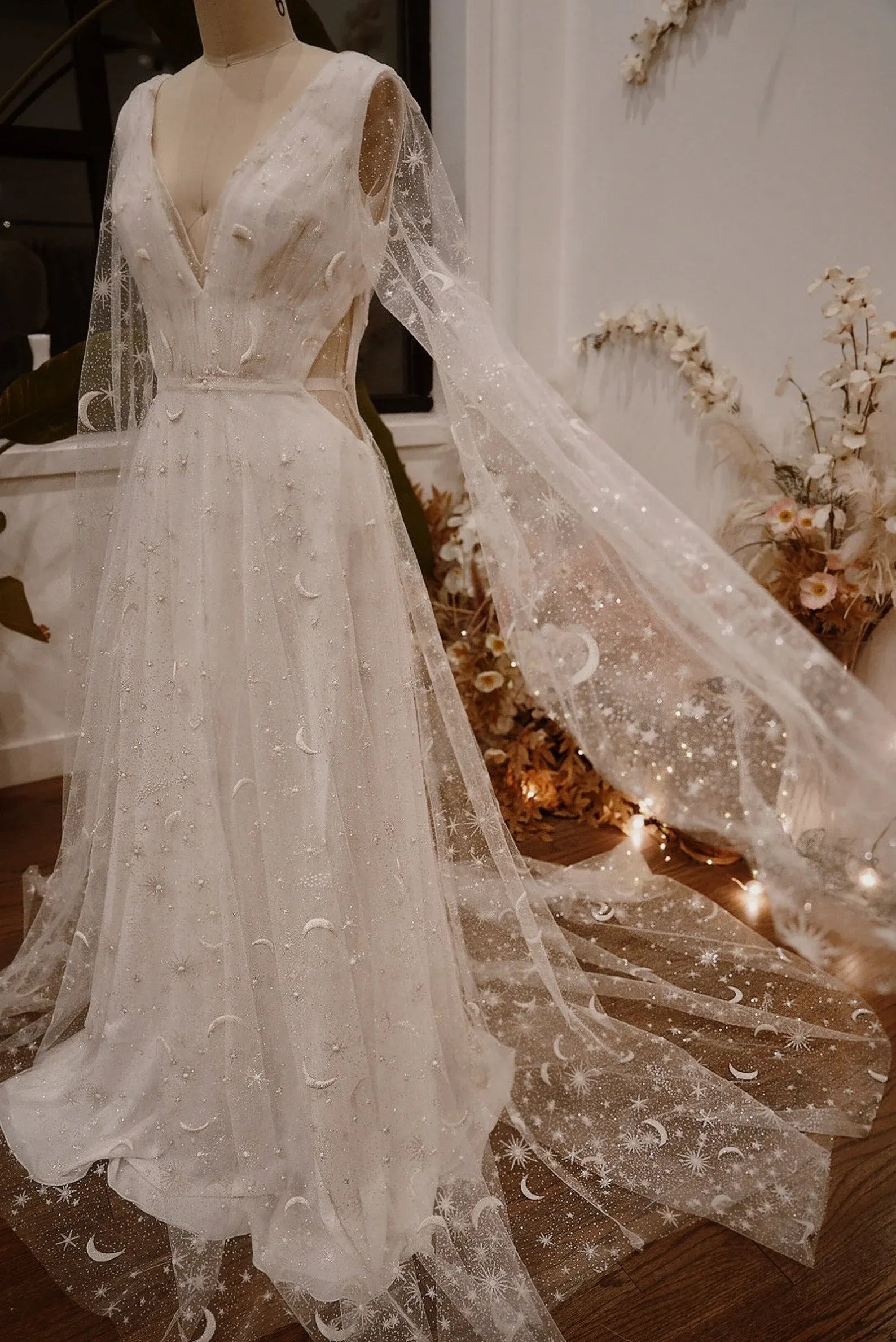 Prom Dress Celestial Moon Star Print A Line V Neck With Sheer Sleeves And Train White For Prom Night