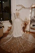 Prom Dress Celestial Moon Star Print A Line V Neck With Sheer Sleeves And Train White For Prom Night