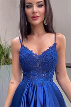 Stunning A-line Spaghetti Appliqued Blue Floor Prom Dress With Pocket Custom