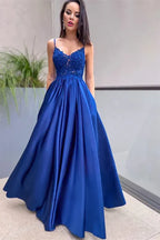 Stunning A-line Spaghetti Appliqued Blue Floor Prom Dress With Pocket Custom