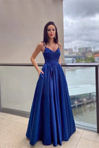 Stunning A-line Spaghetti Appliqued Blue Floor Prom Dress With Pocket Custom