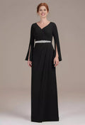 A-line V Neck Long Sleeves Pleated Floor Length Mother of the Bride Dress
