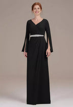 A-line V Neck Long Sleeves Pleated Floor Length Mother of the Bride Dress