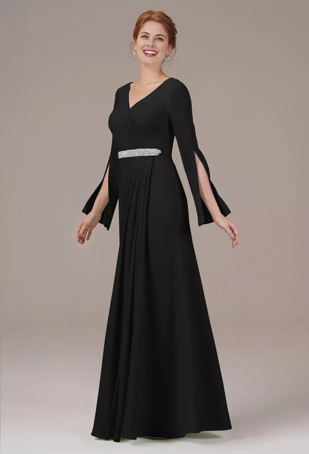 A-line V Neck Long Sleeves Pleated Floor Length Mother of the Bride Dress