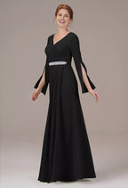 A-line V Neck Long Sleeves Pleated Floor Length Mother of the Bride Dress