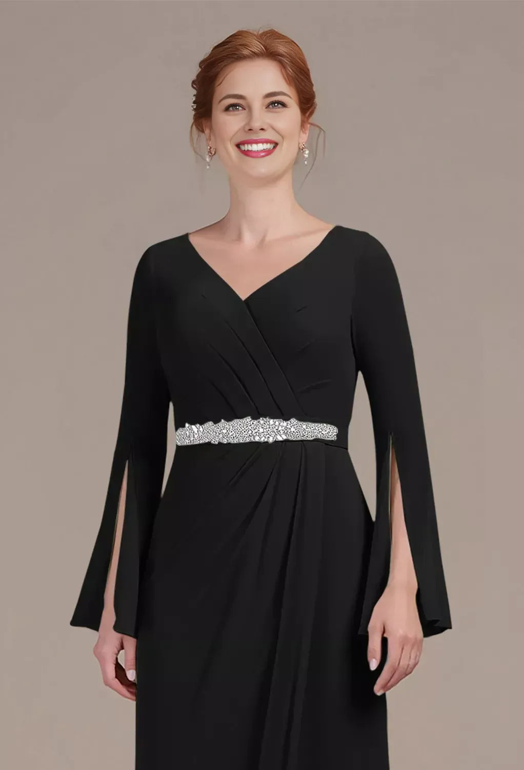 A-line V Neck Long Sleeves Pleated Floor Length Mother of the Bride Dress