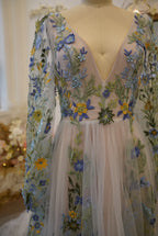 Elegant A Line V Neck Floral Embroidered Prom Dress With Train For Teen And Young Women