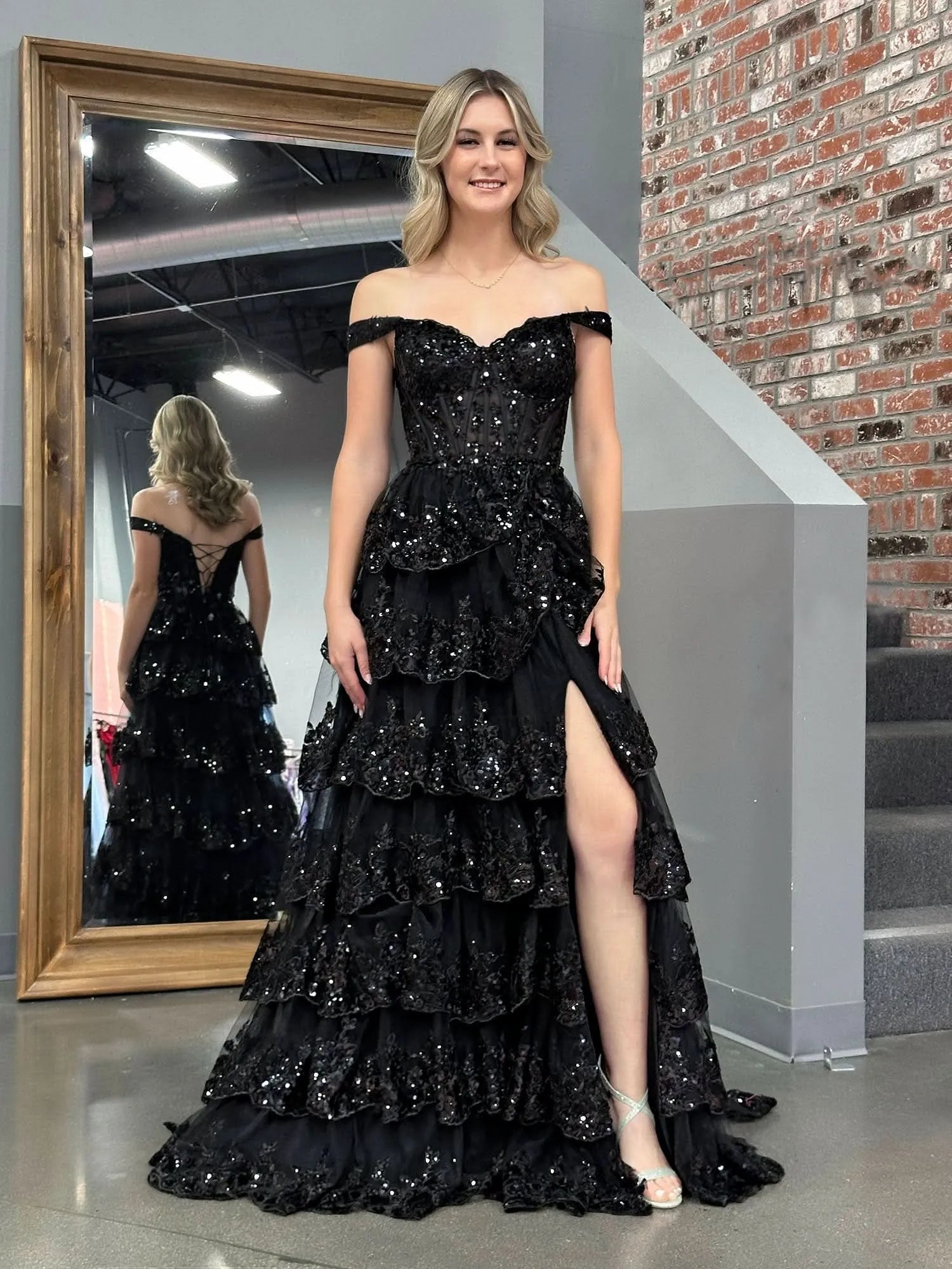 Corset Bodice Sleeveless A-Line Tiered Long Prom Dress