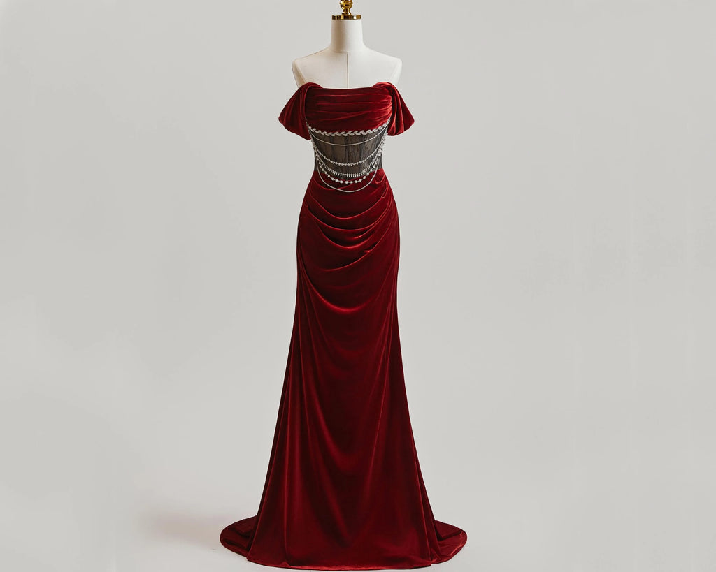 Stunning Mermaid Velvet Prom Dress Off Shoulder Beaded Bodice Burgundy Floor Length For Women