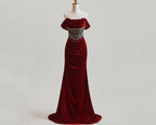 Stunning Mermaid Velvet Prom Dress Off Shoulder Beaded Bodice Burgundy Floor Length For Women