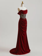 Stunning Mermaid Velvet Prom Dress Off Shoulder Beaded Bodice Burgundy Floor Length For Women