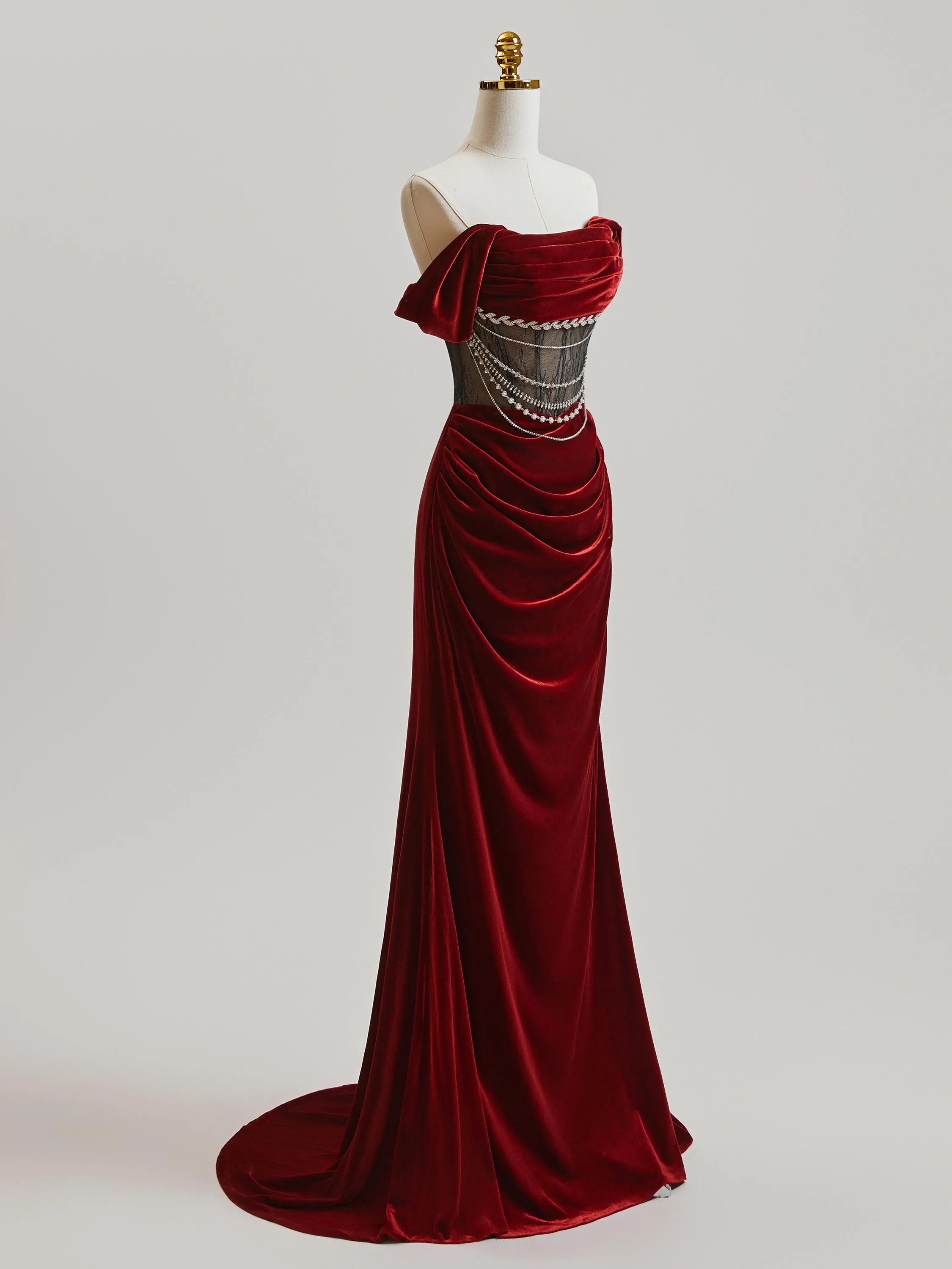 Stunning Mermaid Velvet Prom Dress Off Shoulder Beaded Bodice Burgundy Floor Length For Women