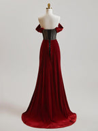 Stunning Mermaid Velvet Prom Dress Off Shoulder Beaded Bodice Burgundy Floor Length For Women