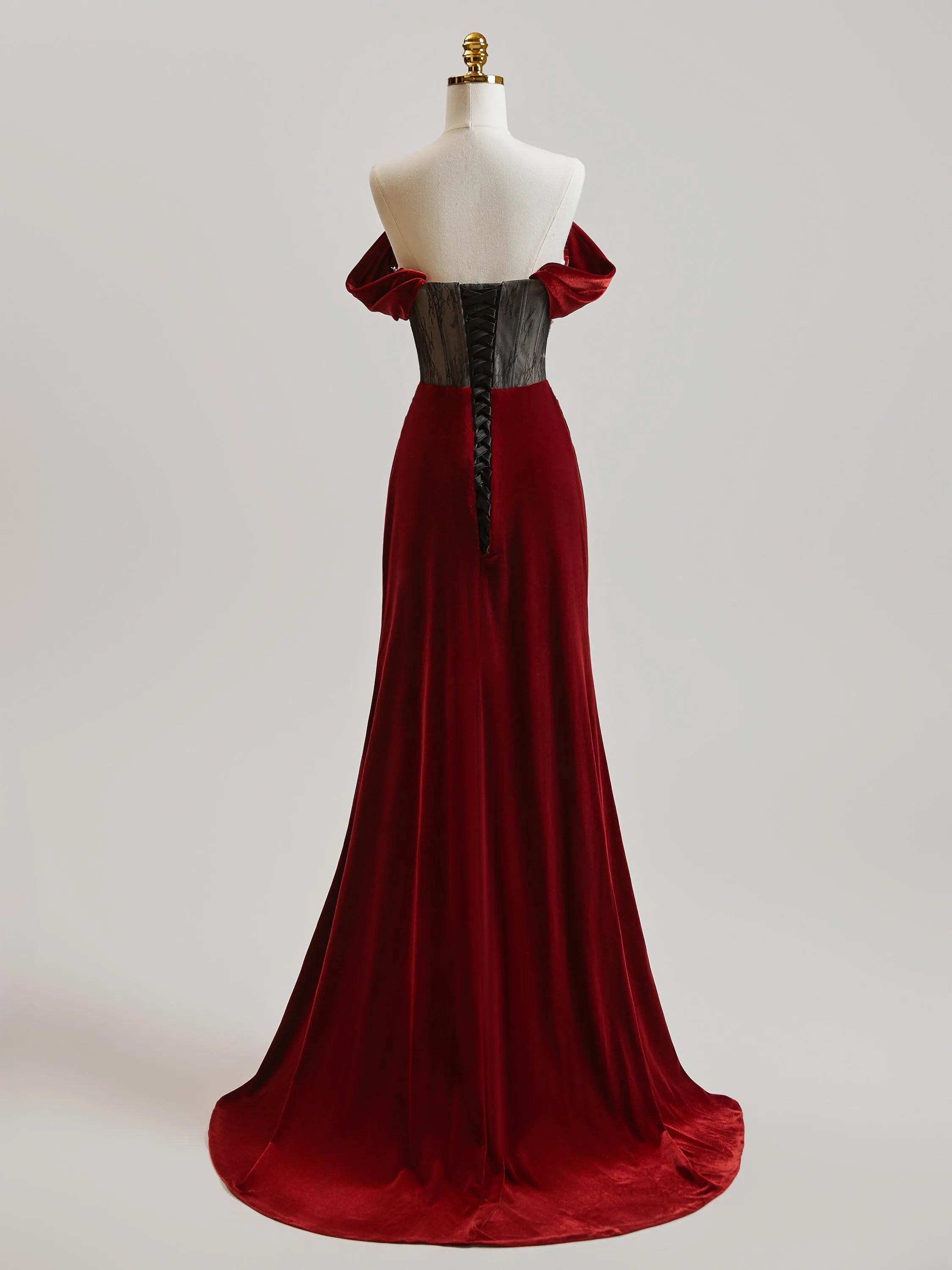 Stunning Mermaid Velvet Prom Dress Off Shoulder Beaded Bodice Burgundy Floor Length For Women