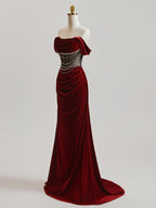Stunning Mermaid Velvet Prom Dress Off Shoulder Beaded Bodice Burgundy Floor Length For Women