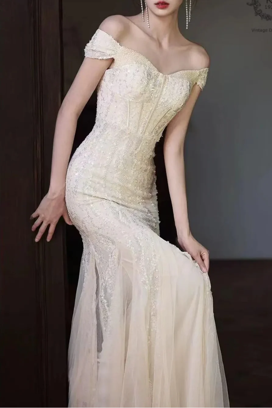 Mermaid Sequin Prom Dress Off Shoulder Corset Bodice Champagne Floor Length Glamour Gown For Women
